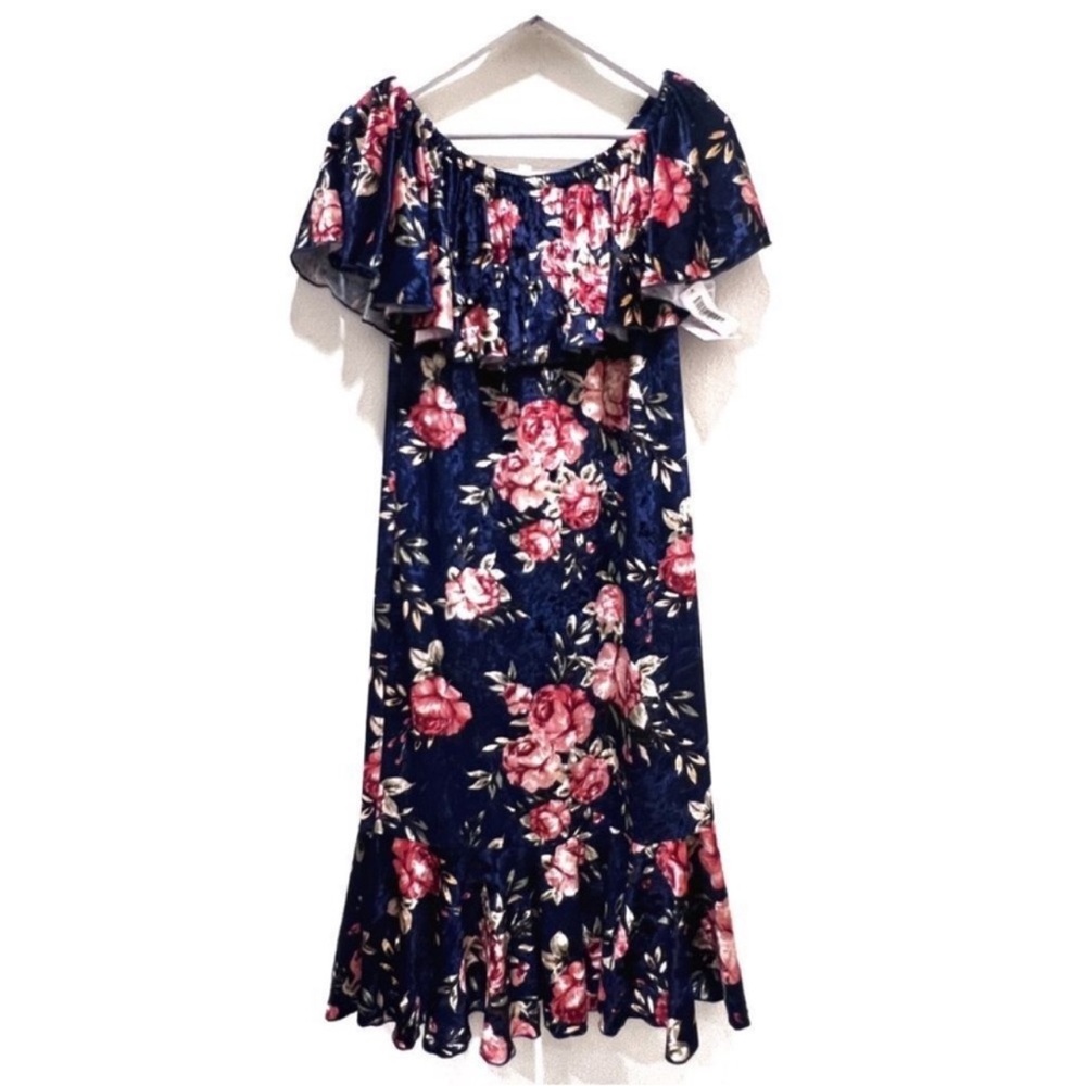 Navy Floral LuLaRoe Cici Off Shoulder Ruffled Hem Midi Dress M - Picture 5 of 16